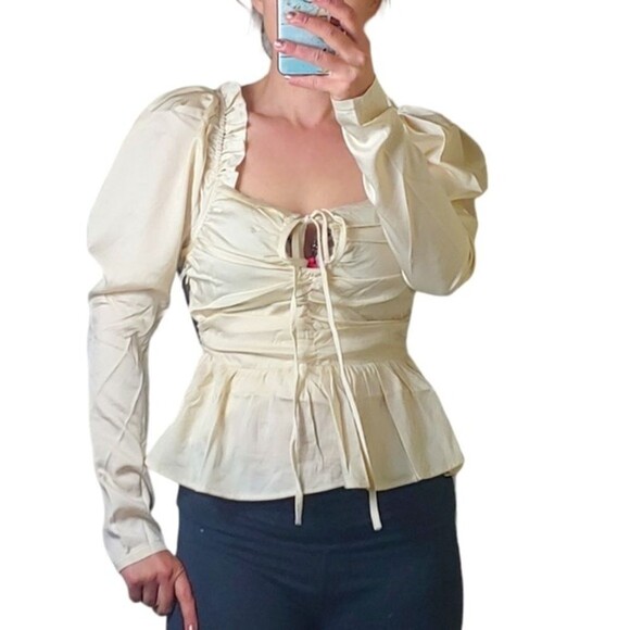 Six/Fifty Ruby blouse top Puff long sleeves smocked back ruffle hem size Small - Picture 1 of 8